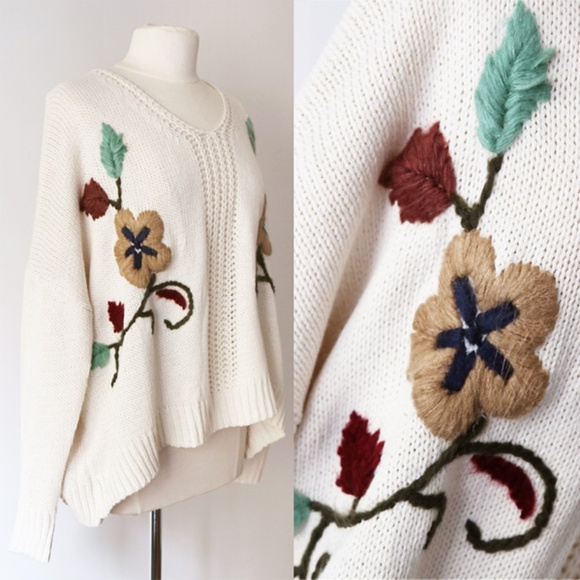Selfie Couture Sweaters - Cream Floral Embroidered Oversize Slouchy Sweater